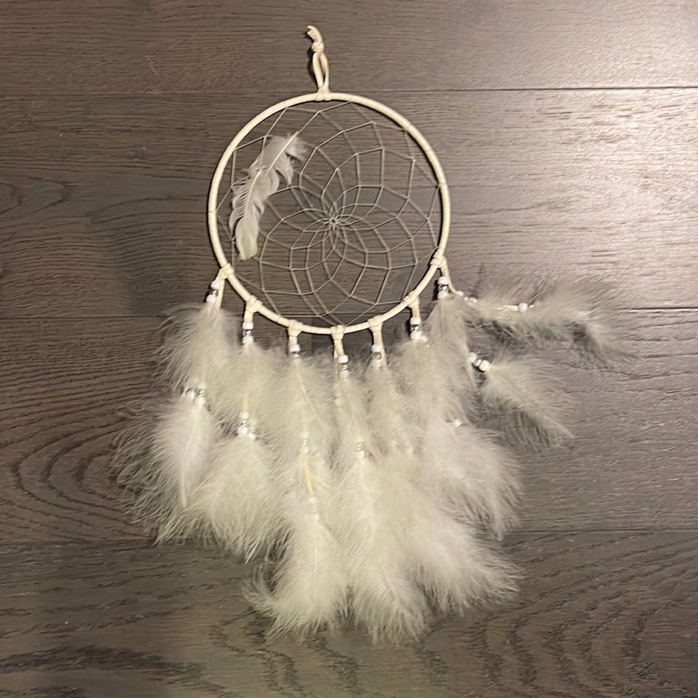 Handcrafted White Dream Catcher with White Feathers and Beads